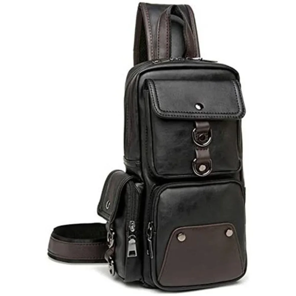 Men Sling PU Leather Unbalance Casual Crossbody Bag, Black